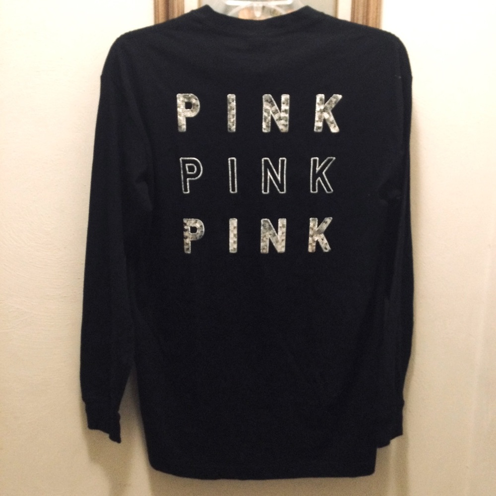 VS PINK Campus Sequin Bling Long Sleeve Black Tee